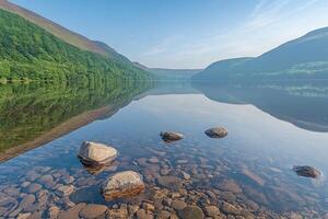A lake with rocks and water reflecting the mountains photo