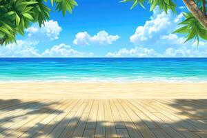 Tropical beach with wooden deck and palm trees photo