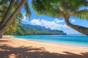 A sandy beach with palm trees and a blue ocean photo