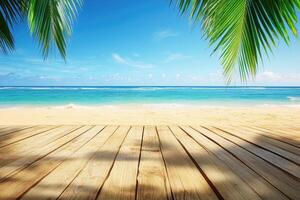 Wooden deck on tropical beach with palm trees photo