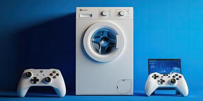 A washing machine and two controllers on a blue background photo