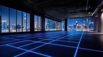An empty room with blue lights on the floor photo