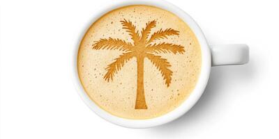 A cup of coffee with a palm tree drawn on it photo