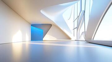 A white room with a blue door and a curved wall photo