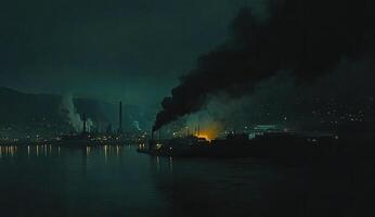 A dark night scene with smoke coming out of a factory photo