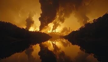 A river with smoke coming out of the chimneys photo