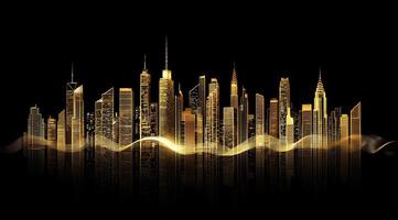 Gold city skyline with lights on black background photo