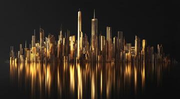 A golden city skyline with skyscrapers reflected in water photo