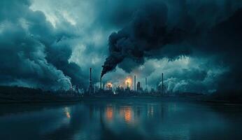 A dark and stormy night with smoke coming out of the chimneys photo