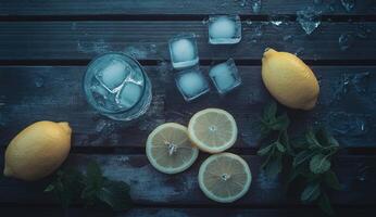 Lemon slices and ice cubes on a wooden table photo