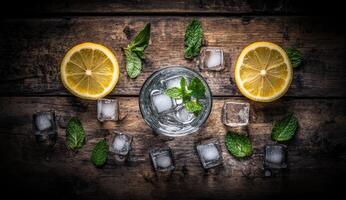 Lemon and ice cubes on a wooden table photo
