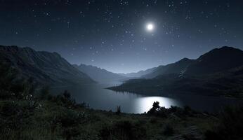 Nighttime mountain lake panorama photo