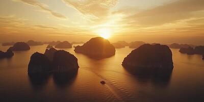 Sunset over halong bay, vietnam, asia photo