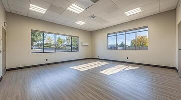 Spacious, bright room with large windows photo