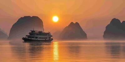 A boat in the water at sunset with mountains in the background photo
