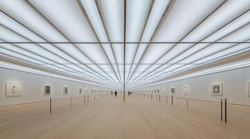 Modern art gallery interior, featuring a spacious, minimalist design with a light, airy feel photo