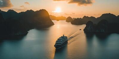Luxurious cruise ship sailing through a scenic bay at sunset photo