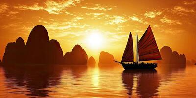 A boat is sailing in the water at sunset photo