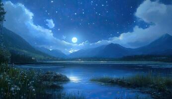 Serene mountain lake at night under a full moon photo