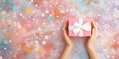Gift in Hands on a Festive Background photo