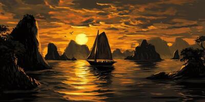 A painting of a sailboat in the ocean at sunset photo