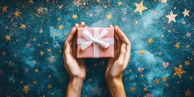 Gift in hands, starry backdrop photo