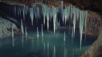 Frozen cave with icicles reflecting in a pool of water photo