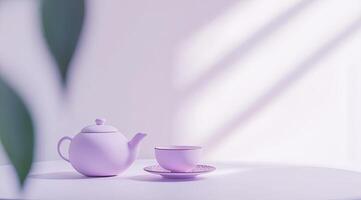 Pastel-toned tea set on a table, bathed in soft light photo