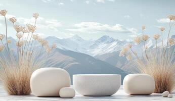 Calm mountain scene, minimalist display photo