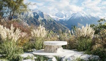 Outdoor pedestal table amidst mountain scenery photo