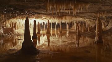 Cave's reflective pools, adorned with stalagmites and stalactites photo