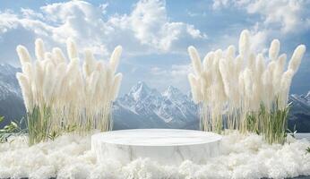 Winter wonderland podium. Fluffy white plants surround a marble platform against a backdrop of snow-capped mountains photo