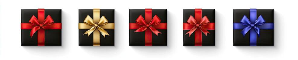 Four black boxes with red, blue and gold ribbons photo
