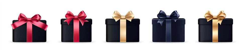 Four black gift boxes with red bows on a white background photo