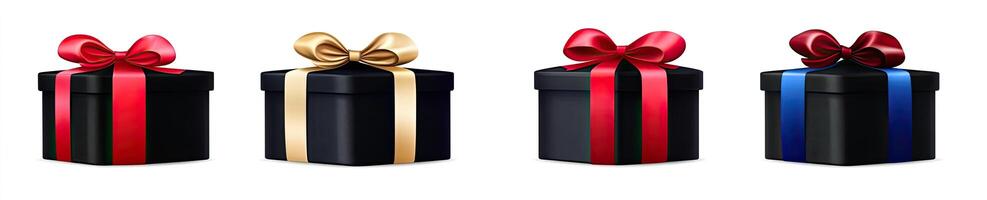 Four black gift boxes with red, blue and black ribbons photo