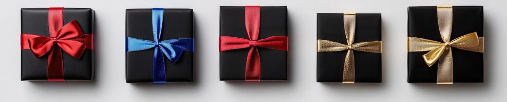 Four black boxes with red, blue and black bows photo