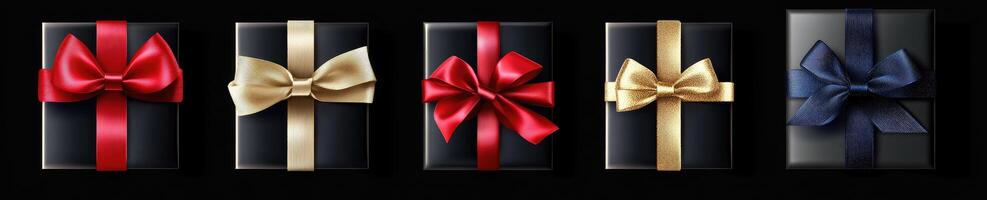 Set of six black gift boxes with red, blue and gold bows photo
