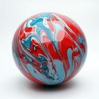 A red, white and blue marble ball with a white background photo