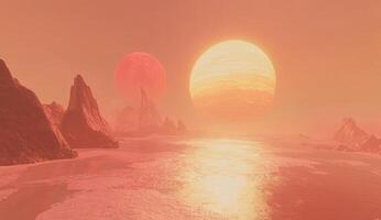 Alien landscape with double suns. Sunrise over a rocky coastline photo