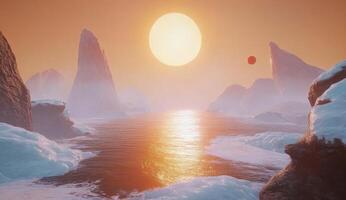 Sunrise over a frosty alien landscape photo