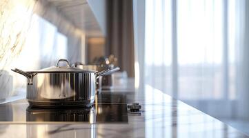 Modern kitchen countertop with stainless steel pots on a marble surface. Sunlight streams through the window photo