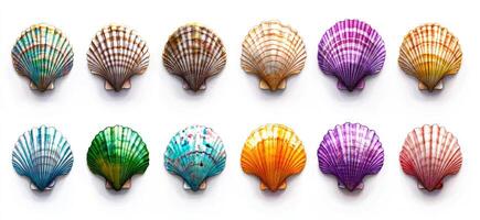 A group of colorful shells arranged in a row photo