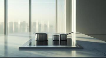 Modern kitchen countertop with city view photo