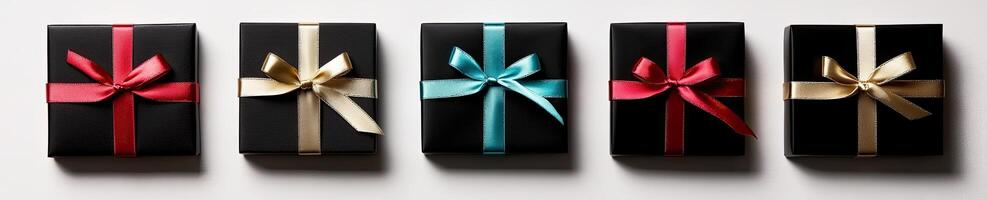 Wrapped Presents in Black with Various Ribbons photo