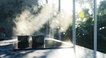 Morning kitchen, steam rising from pots on a stovetop, lush greenery visible through large windows photo