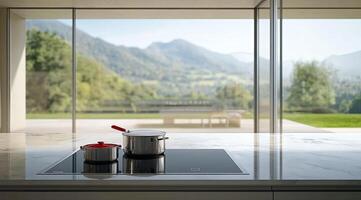 Modern kitchen with panoramic mountain view photo