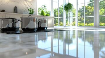 Modern kitchen with large windows and polished marble floors photo