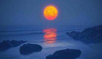 Sunrise or sunset moon reflecting on tranquil ocean photo