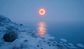 Winter sunrise over icy sea photo