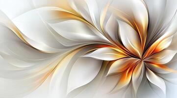 Abstract floral design, elegant and flowing, with white and gold tones. Complex, dynamic petals create a visually stunning, surreal flower photo